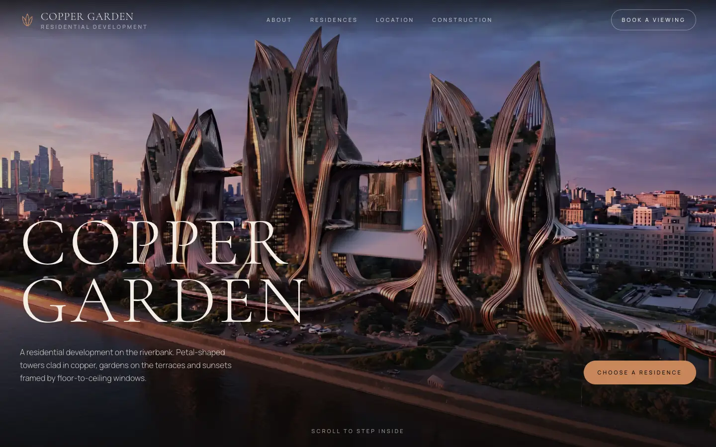 Copper Garden home screen: copper towers on a riverbank at dusk