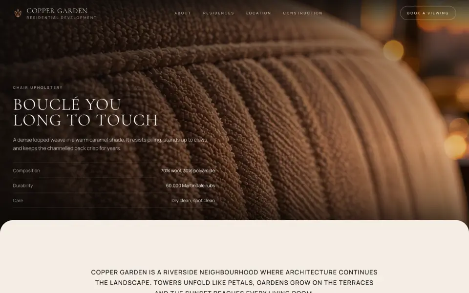 Copper Garden: macro shot of bouclé chair upholstery with fabric details