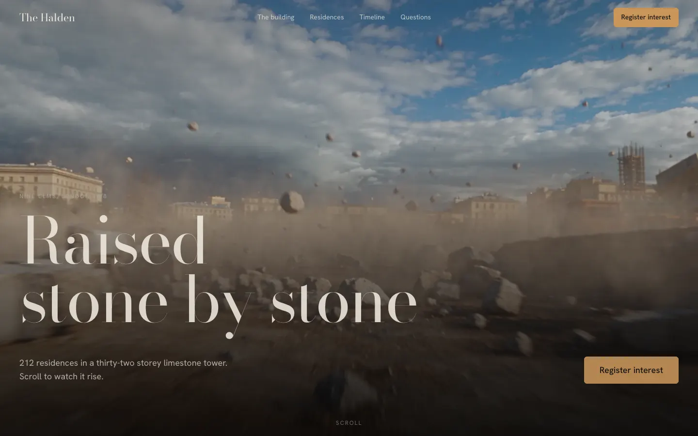 The Halden home screen: stone blocks rising from a dusty building site