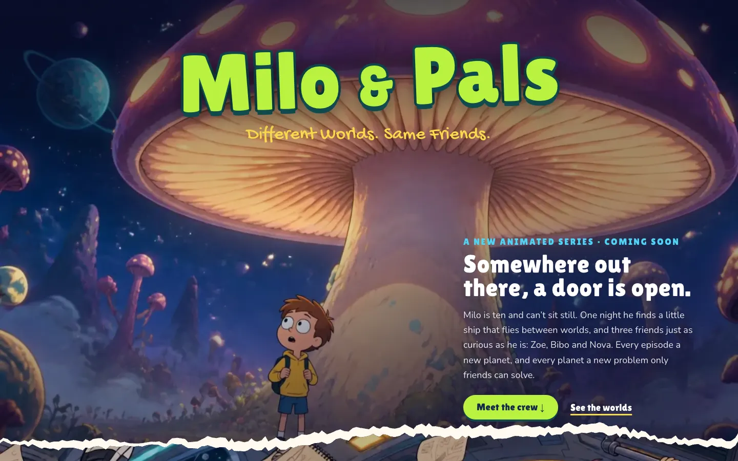Milo & Pals home screen: Milo under a giant glowing mushroom, looking towards the cursor