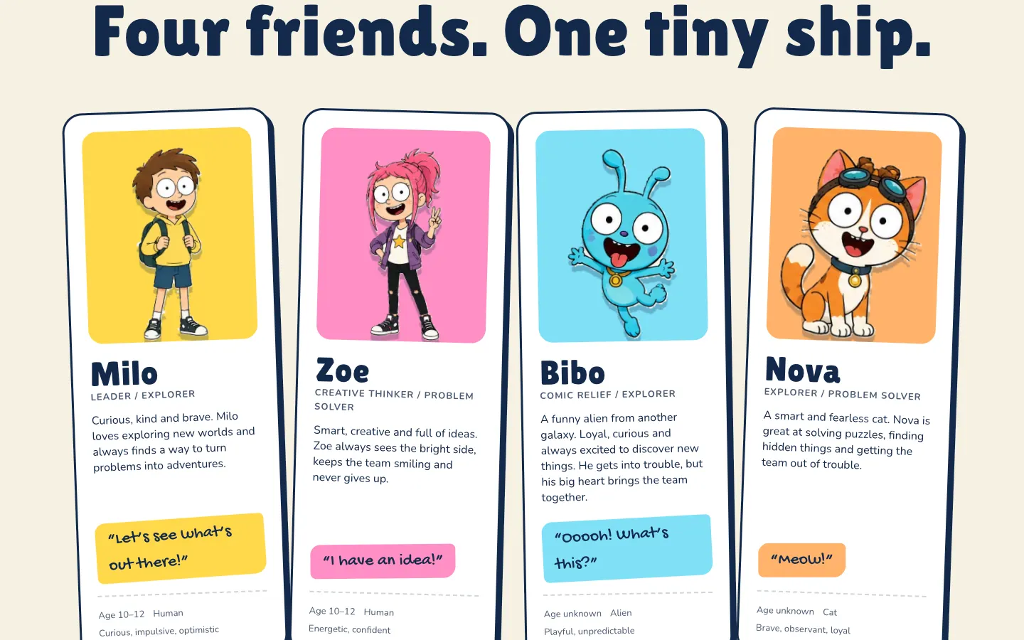 Milo & Pals: character cards for Milo, Zoe, Bibo and Nova